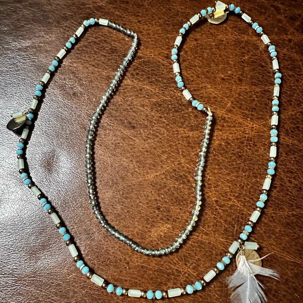 Beaded Feather Pendant Necklace with Turquoise, green and gold Beads - Picture 4 of 7